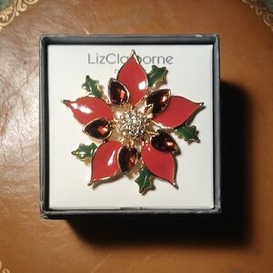 Liz Claiborne Red and Gold Floral Brooch